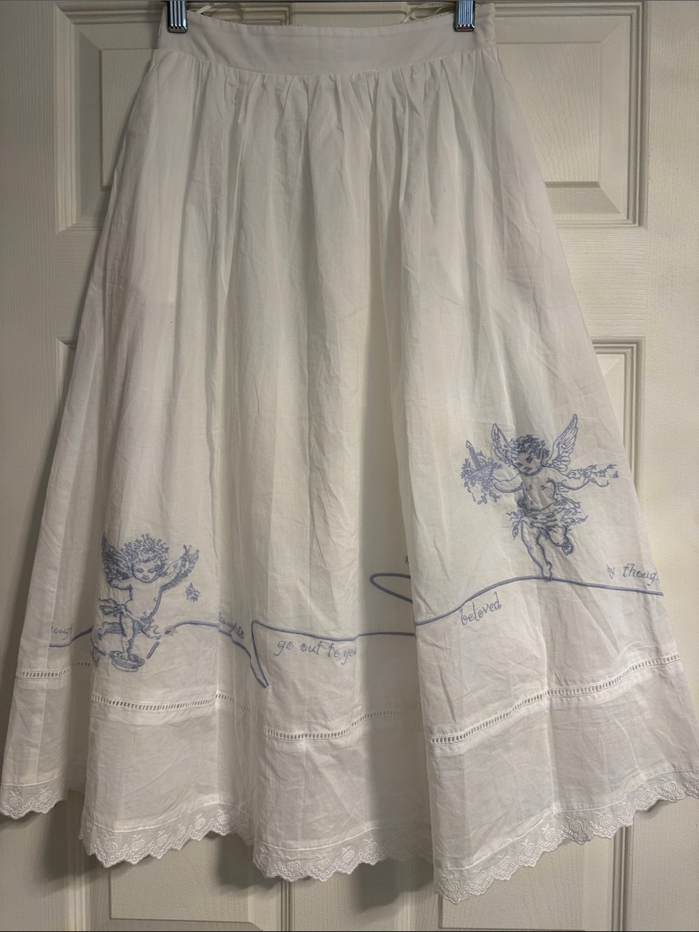 White Midi Skirt with Blue Cherub Embroidery